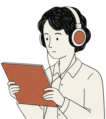 Illustration of a person in headphones studying a record sleeve