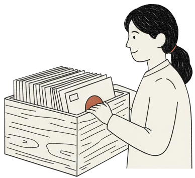 Illustration of a person browsing a crate of records